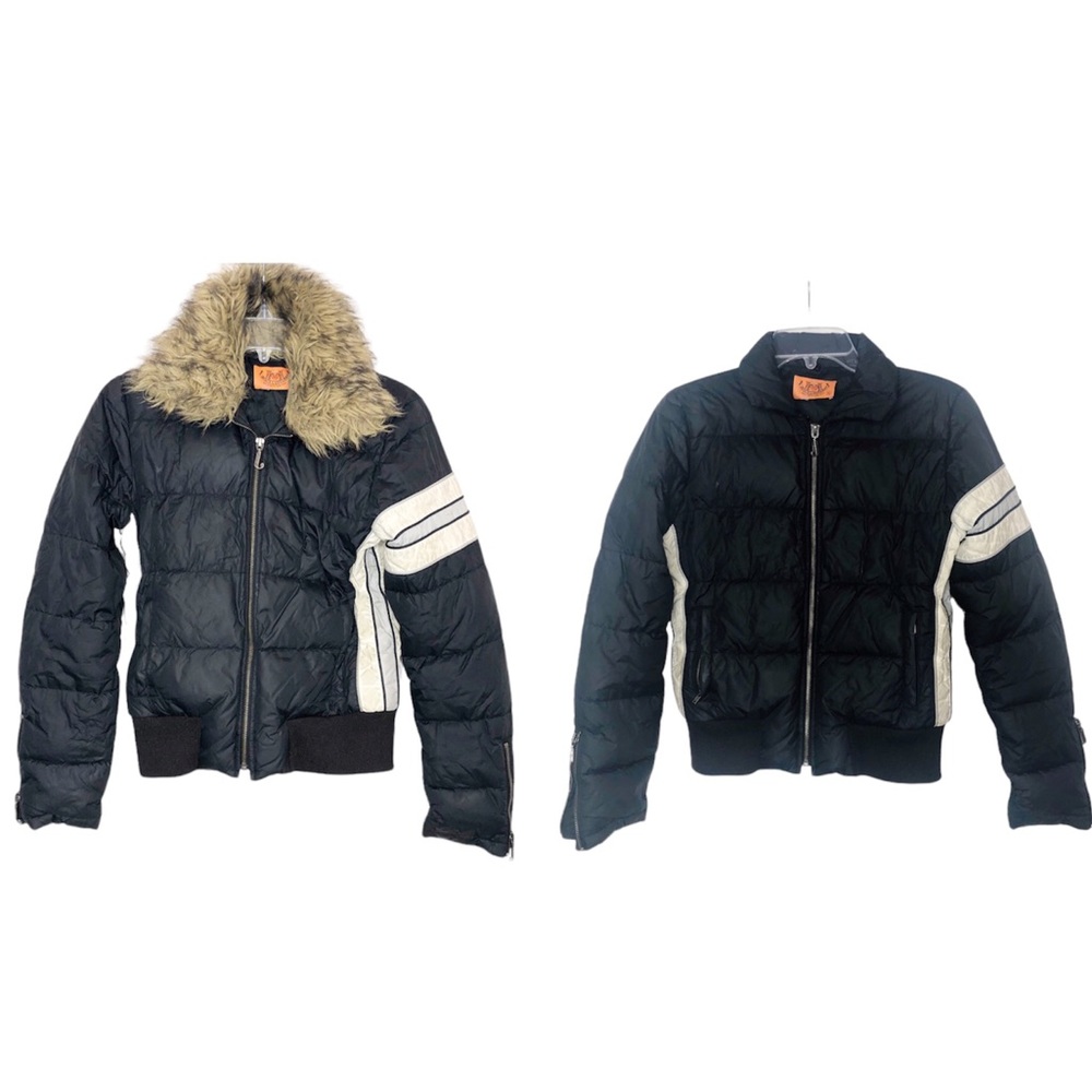 Juicy Couture Vintage Down Puffer Jacket Removable Fur Collar Coat Blue Small